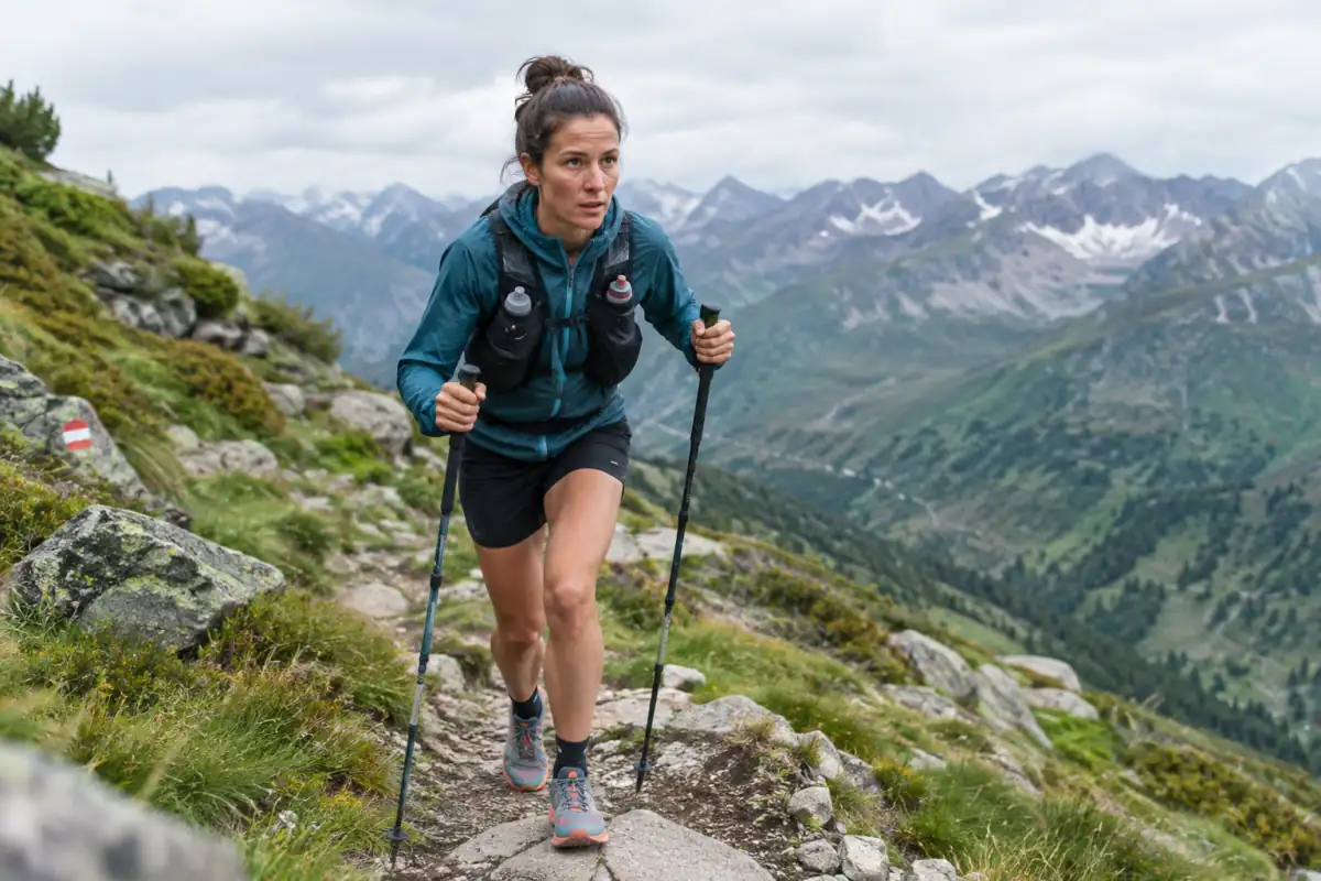 Coureur d’ultra-trail en montée sur un sentier alpin, équipé d’un gilet d’hydratation et de bâtons.
