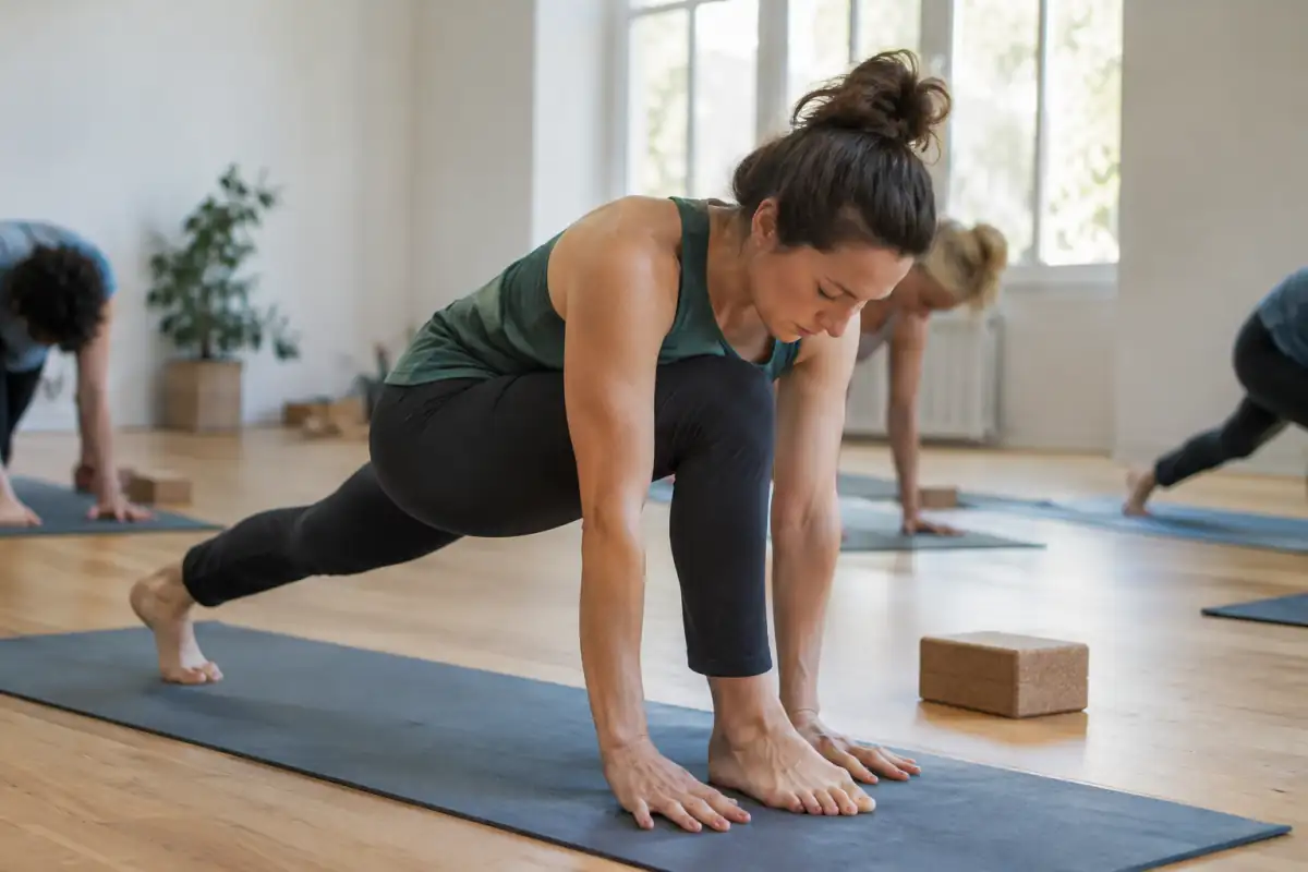Une pratiquante enchaîne une posture de yoga vinyasa sur un tapis, dans une salle lumineuse avec une brique à proximité.