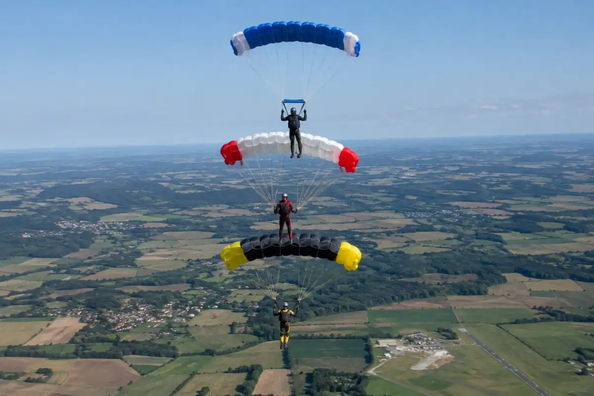 Des parachutistes réalisent une formation verticale de voile-contact sous des ailes rectangulaires au-dessus d’un aérodrome.