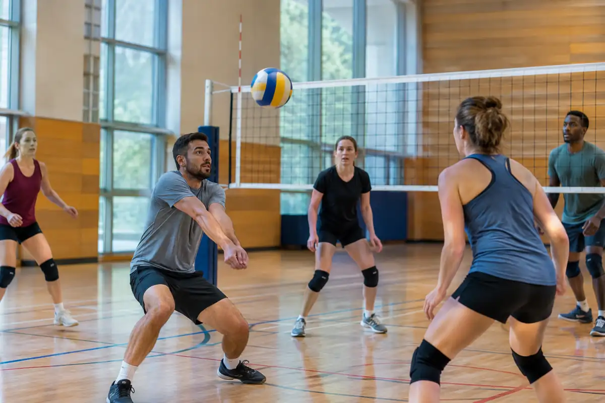 Réception en manchette au volley-ball dans une salle, tandis que les partenaires se préparent à poursuivre l’échange.