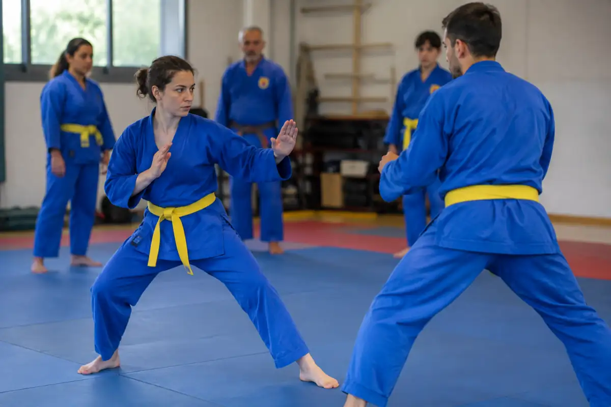 Deux pratiquants en vo phuc bleu exécutent un enchaînement contrôlé de vovinam sur le tatami d’un club en France.