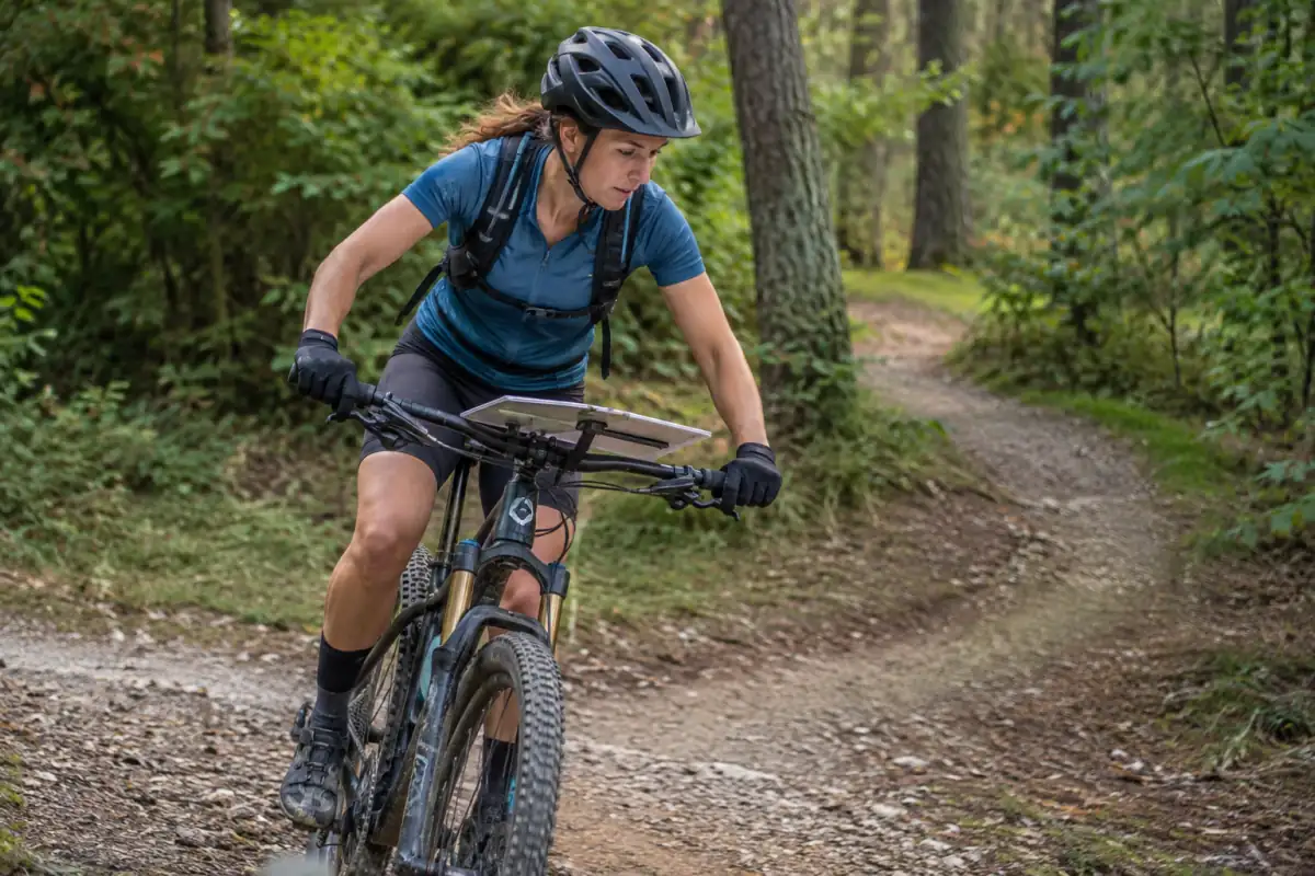 Un concurrent de VTT d’orientation consulte sa carte sur un porte-carte en roulant sur un chemin forestier.