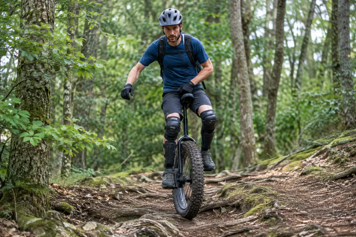 Pratiquant de VTT en monocycle franchissant des racines sur un sentier forestier, équipé d’un casque et de protections.