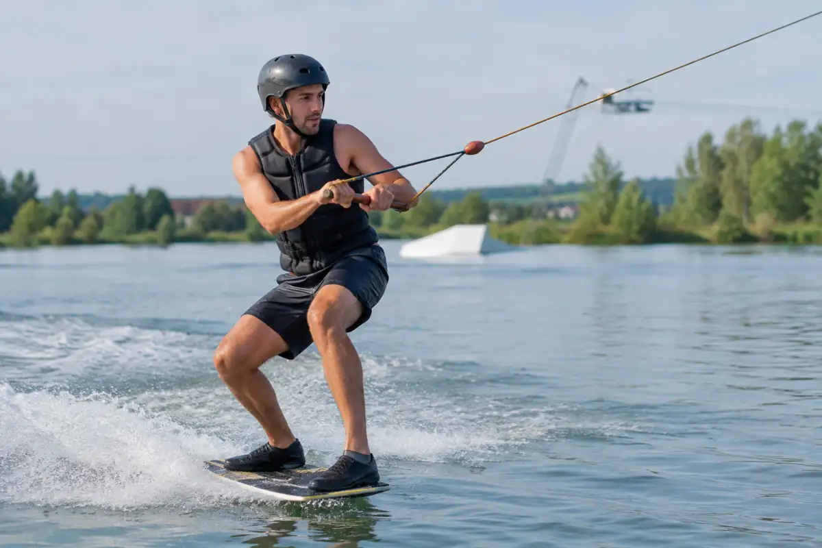 Un pratiquant de wakeskate glisse sur un plan d’eau tracté par câble, les pieds libres sur sa planche.