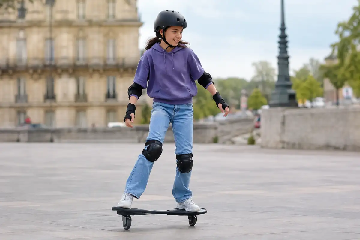 Un pratiquant équipé de protections avance sur un waveboard à deux roues pivotantes, sur une esplanade lisse et dégagée.