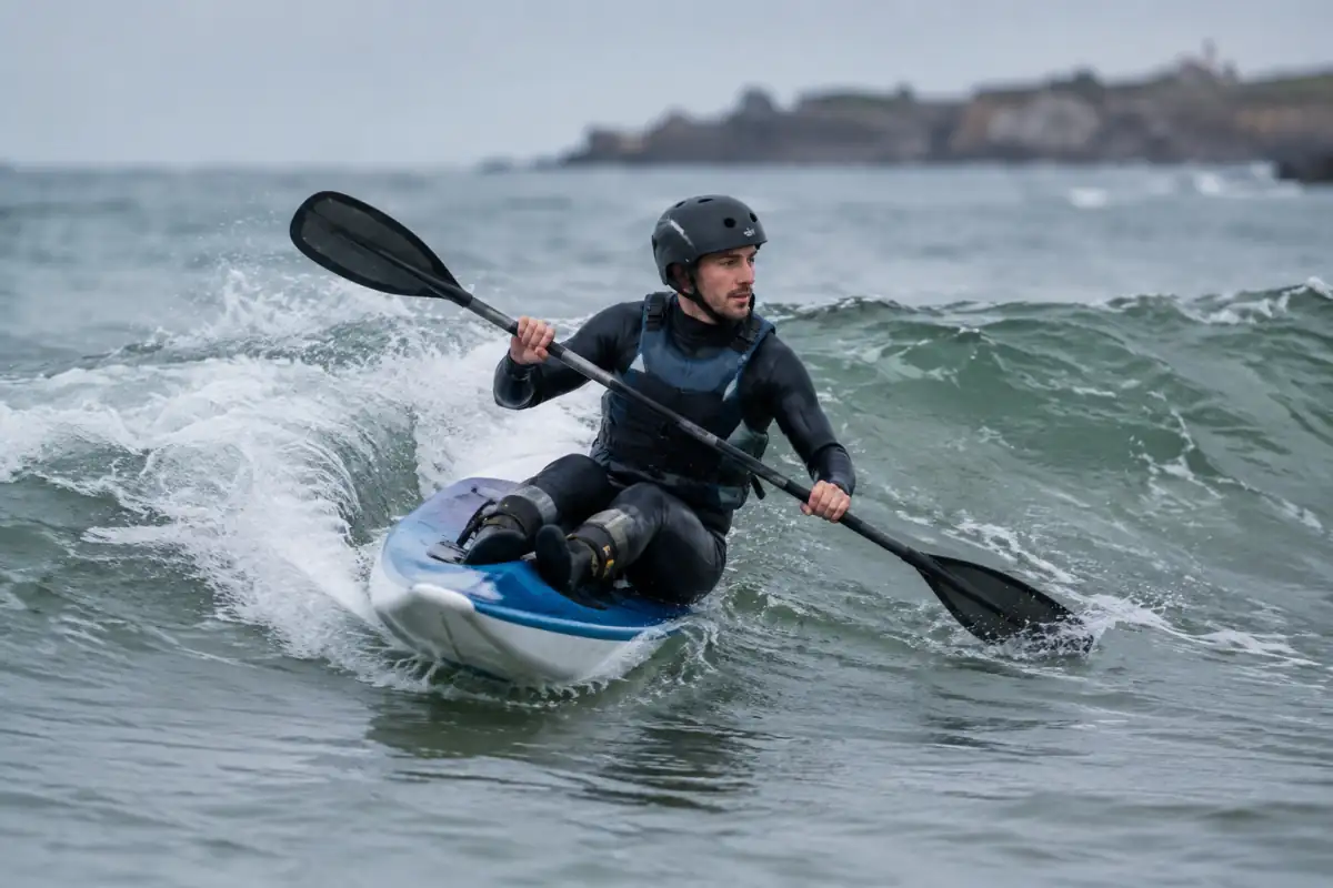 Un pratiquant en casque et combinaison dirige son waveski assis dans une vague avec une pagaie double sur la côte atlantique.
