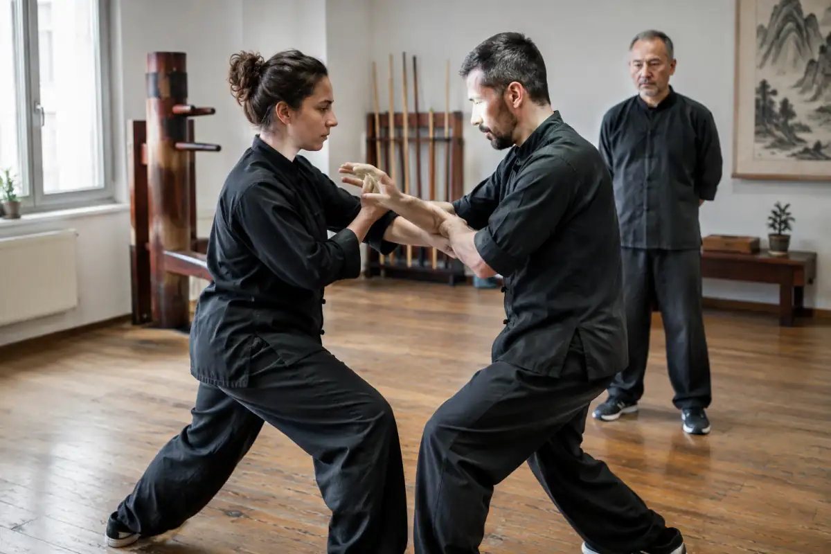 Deux pratiquants de wing chun travaillent le chi sao, avant-bras en contact, dans une salle d’arts martiaux.