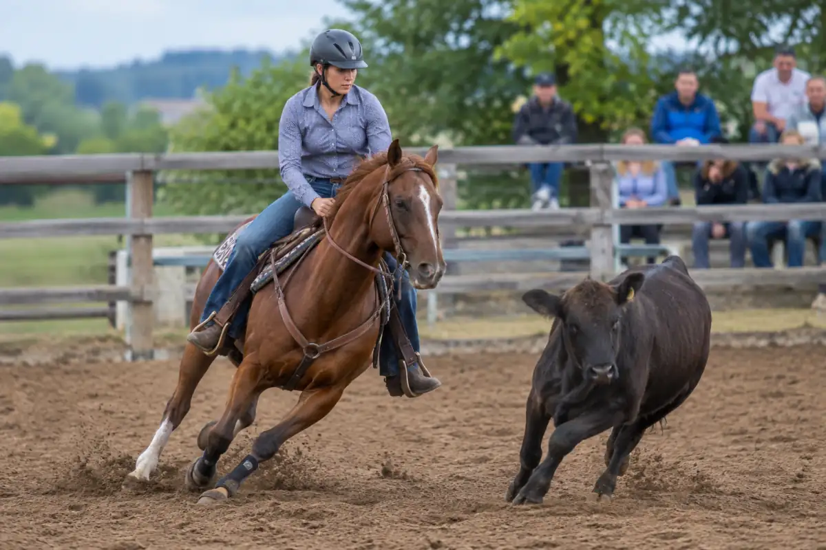 Un cavalier en tenue western contrôle un bovin le long de la clôture pendant une épreuve de working cow horse.