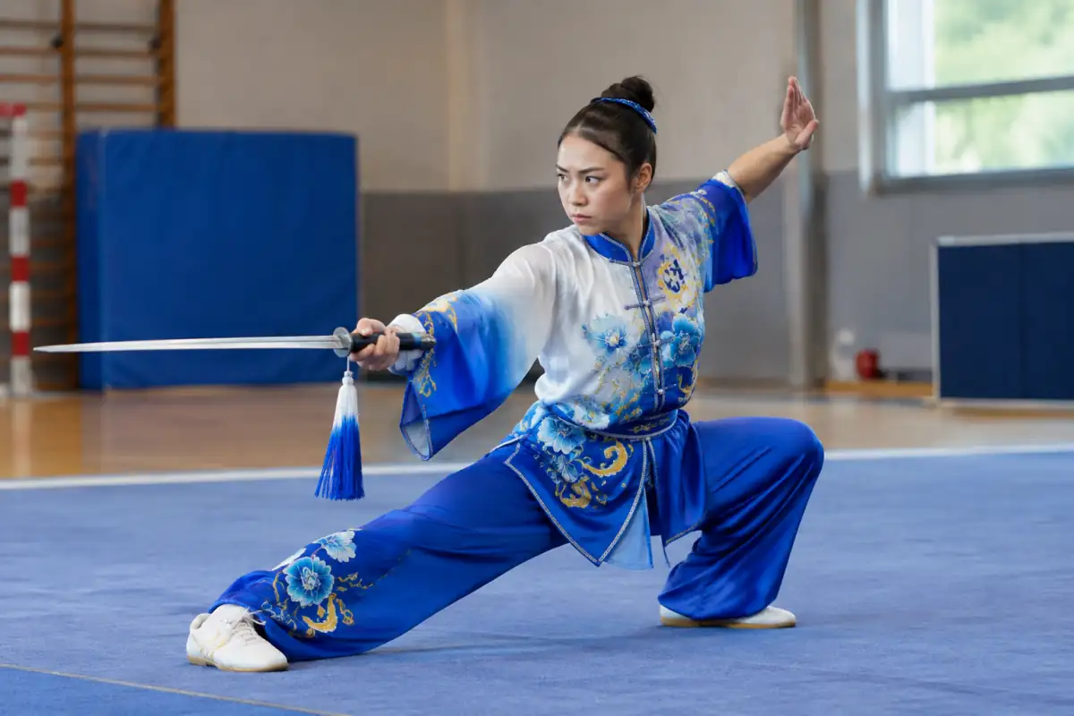 Un athlète de wushu taolu enchaîne une posture de changquan avec une épée droite sur le tapis d’un gymnase.