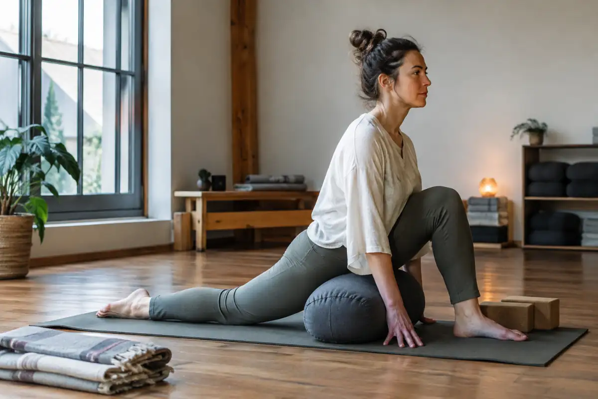 Pratiquante de yin yoga tenant une posture basse soutenue par un bolster et des briques dans un studio lumineux.