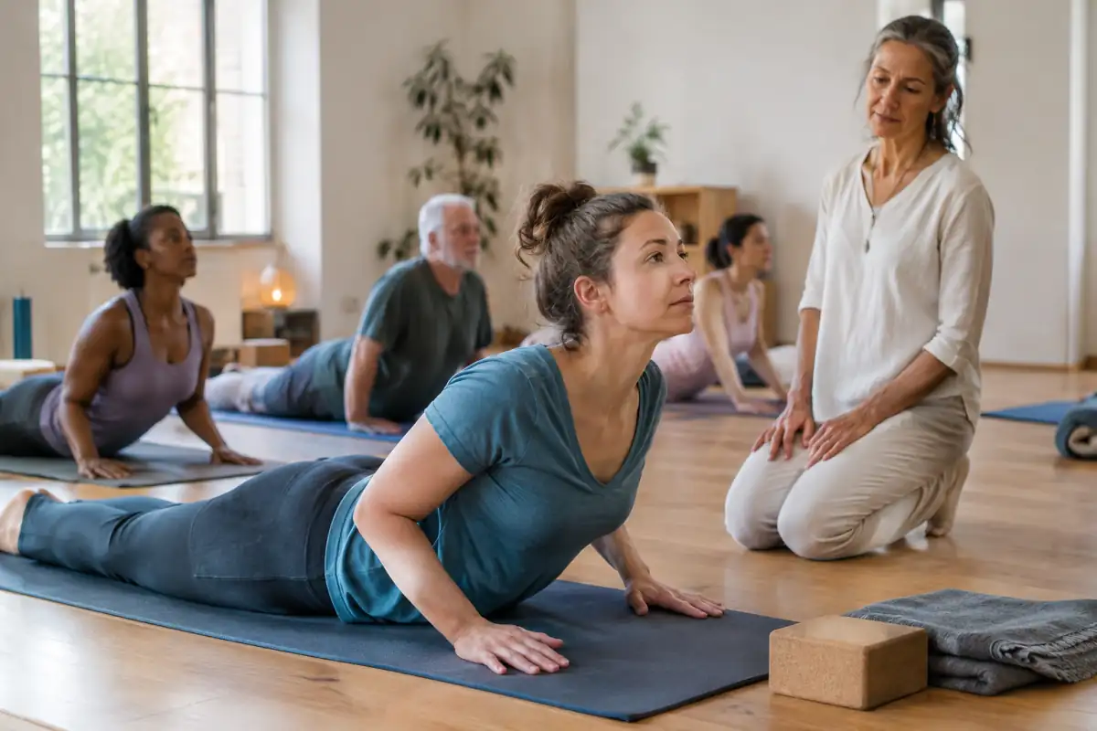 En cours de yoga intégral, une pratiquante réalise une posture du cobra sur son tapis sous le regard de l’enseignant.