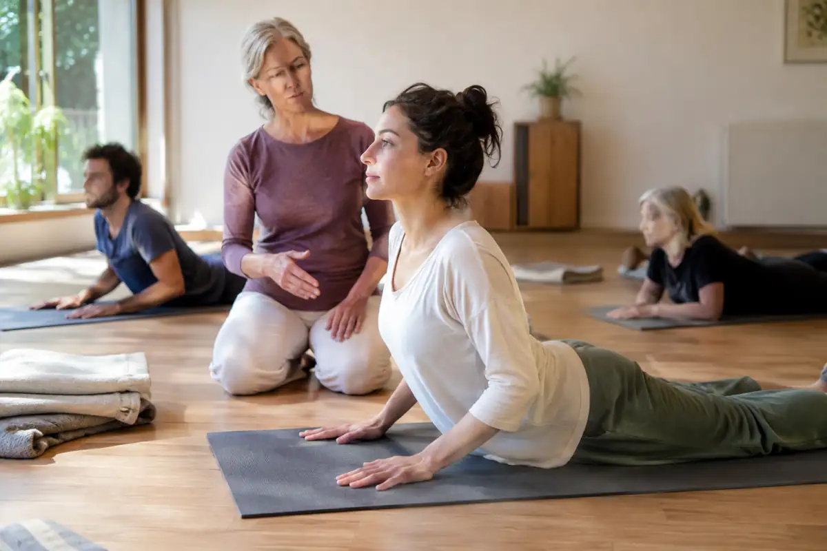 Séance de yoga Sivananda en salle : une pratiquante réalise la posture du cobra sur un tapis, guidée par un professeur.