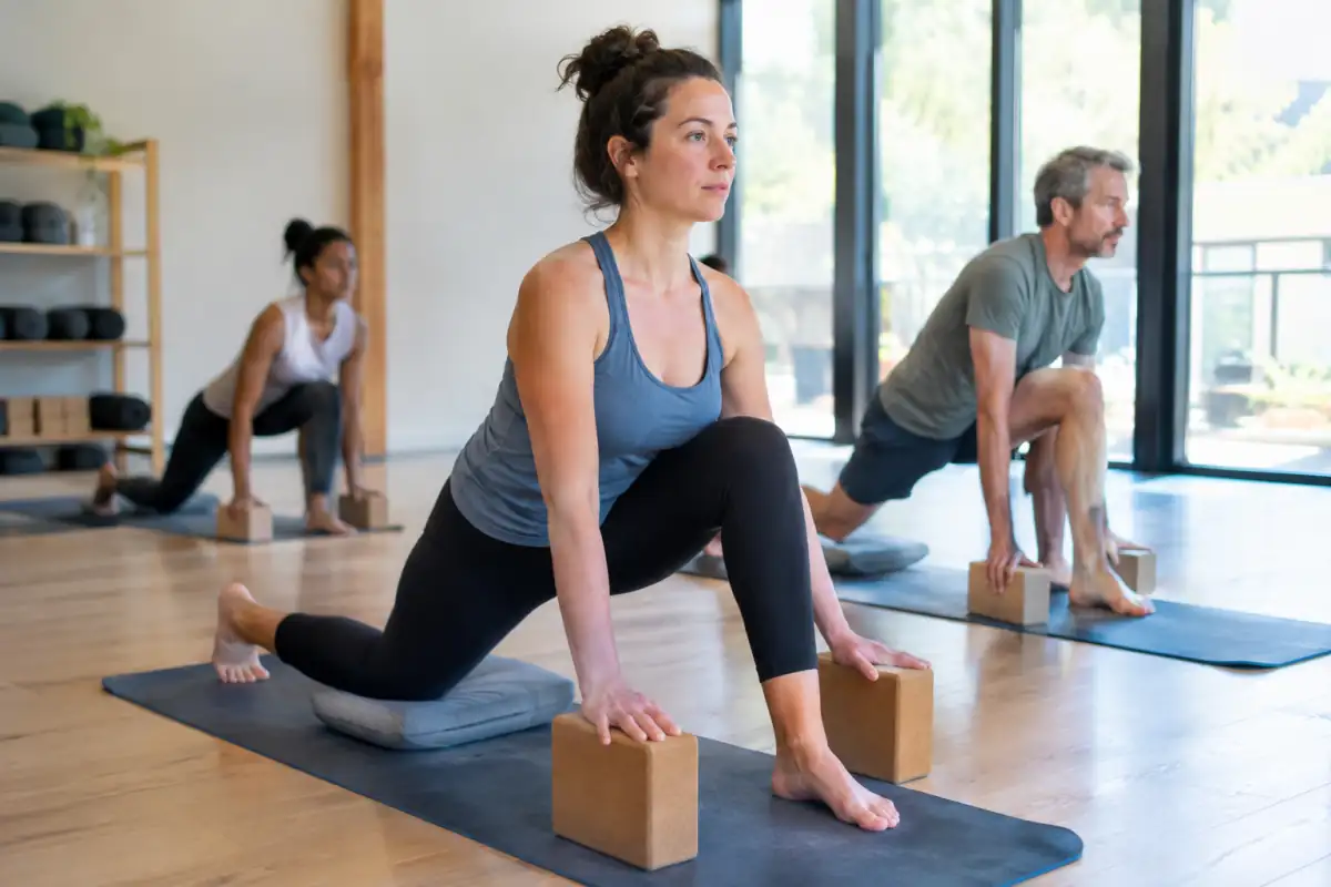 Une personne réalise une fente basse avec des briques pendant un cours collectif de yoga dans une salle lumineuse.