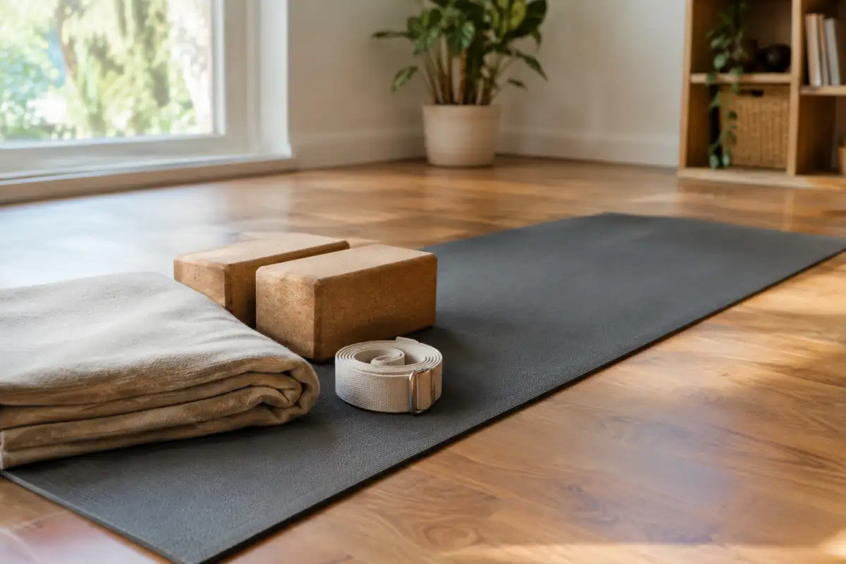 Tapis de yoga déroulé dans un studio lumineux, avec deux briques, une sangle en coton et une couverture pliée à portée de main.