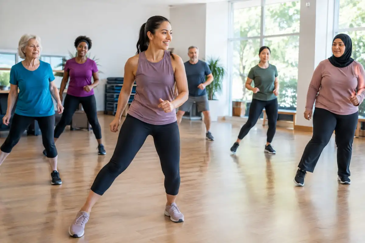 Une instructrice montre un pas latéral sans saut à un groupe d’adultes pendant un cours de Zumba à faible impact.